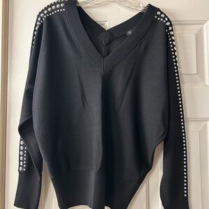 INC International Concepts Black V-Neck Sweater with Studded Shoulders